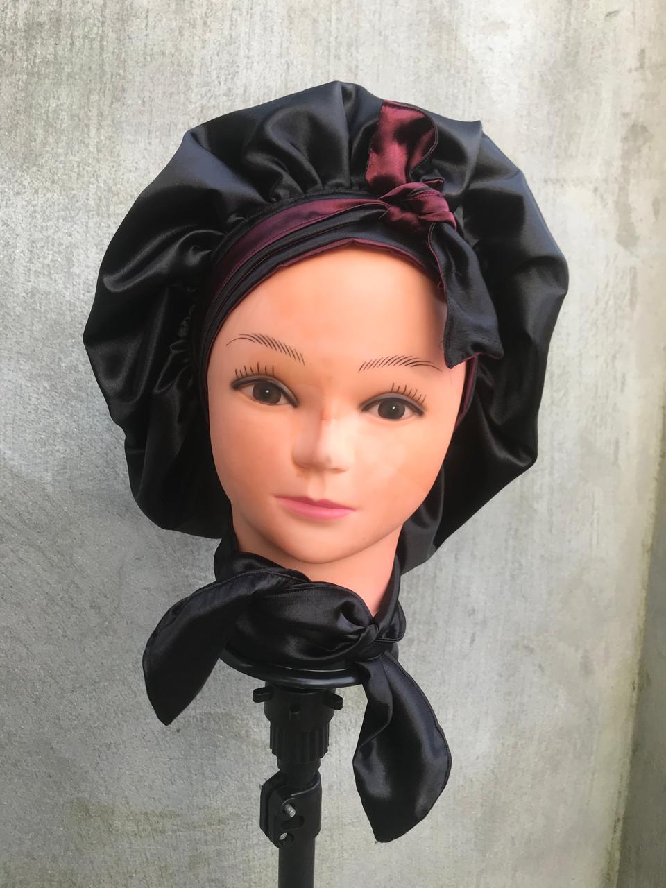 Maroon and Black Satin Reversible Bonnet