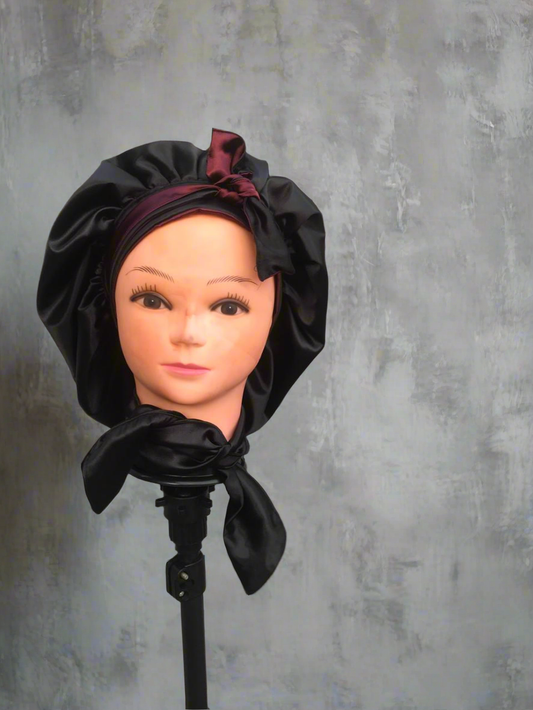 Maroon and Black Satin Reversible Bonnet